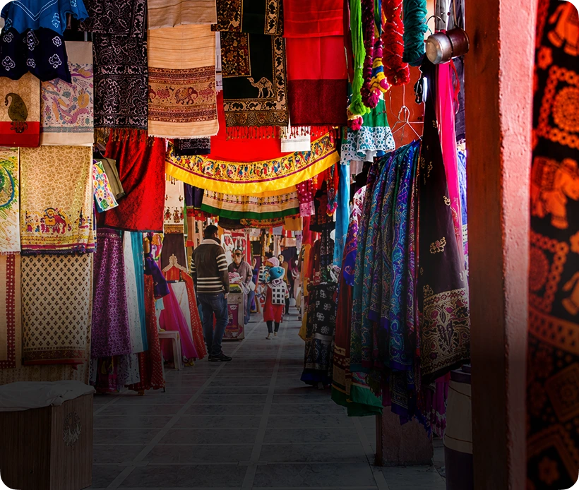 Guided shopping for crafts and textiles in a Rajasthan market