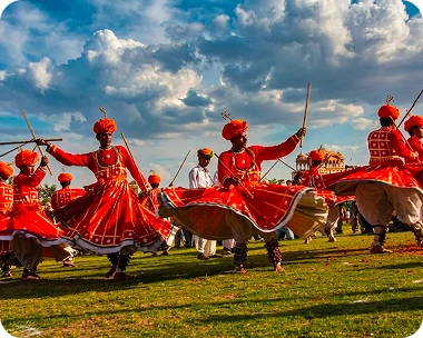 Travellers in traditional Rajasthani attire during a cultural experience